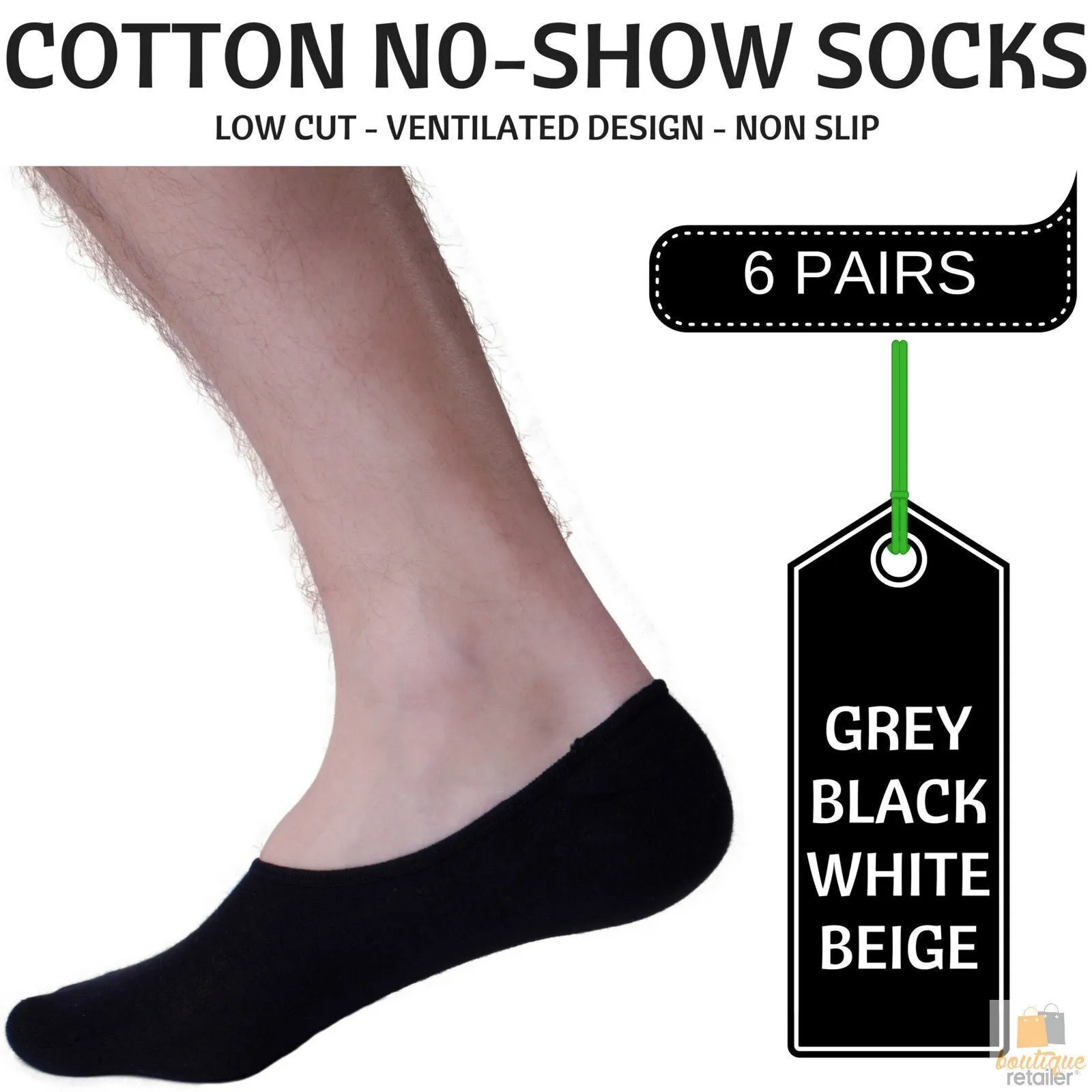6x NO SHOW COTTON SOCKS Non Slip Heel Grip Low Cut Invisible Footlet Seamless