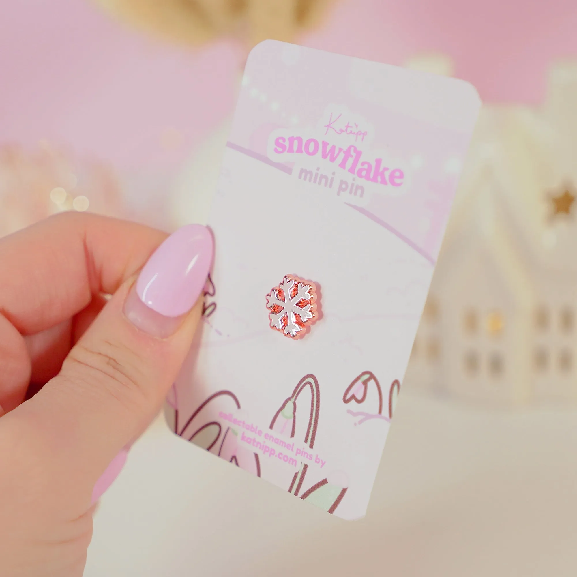 Mini Christmas Snowflake Enamel Pin | Pink Coquette Bow Holiday Collection | Rose Gold-Plated Winter Accessory