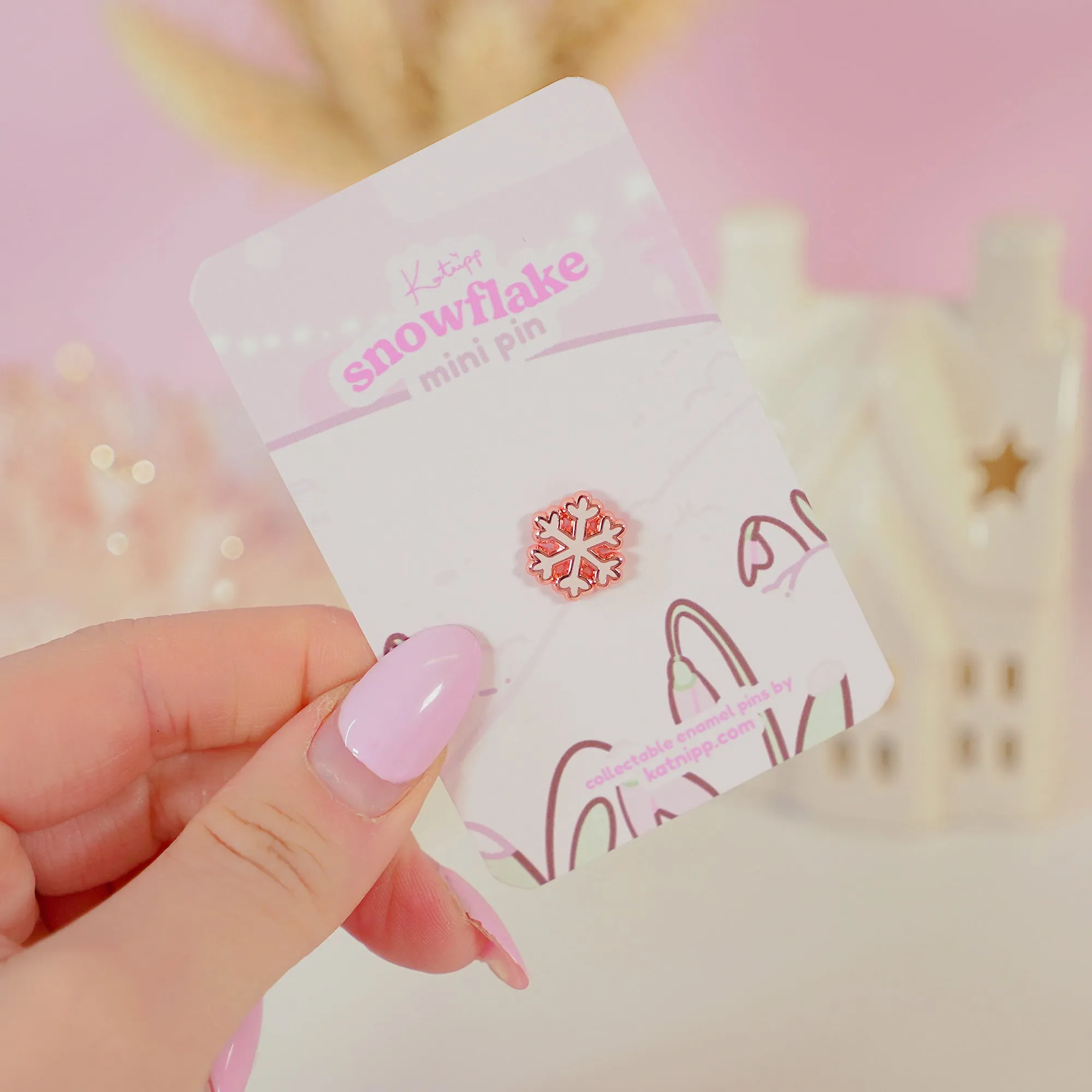Mini Christmas Snowflake Enamel Pin | Pink Coquette Bow Holiday Collection | Rose Gold-Plated Winter Accessory