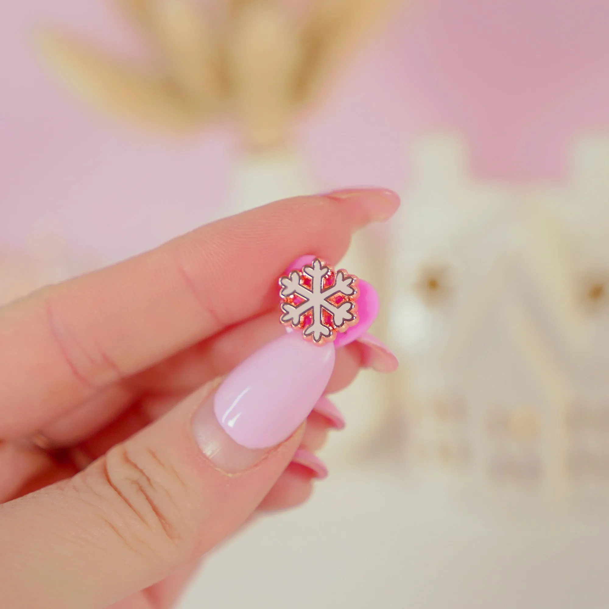 Mini Christmas Snowflake Enamel Pin | Pink Coquette Bow Holiday Collection | Rose Gold-Plated Winter Accessory