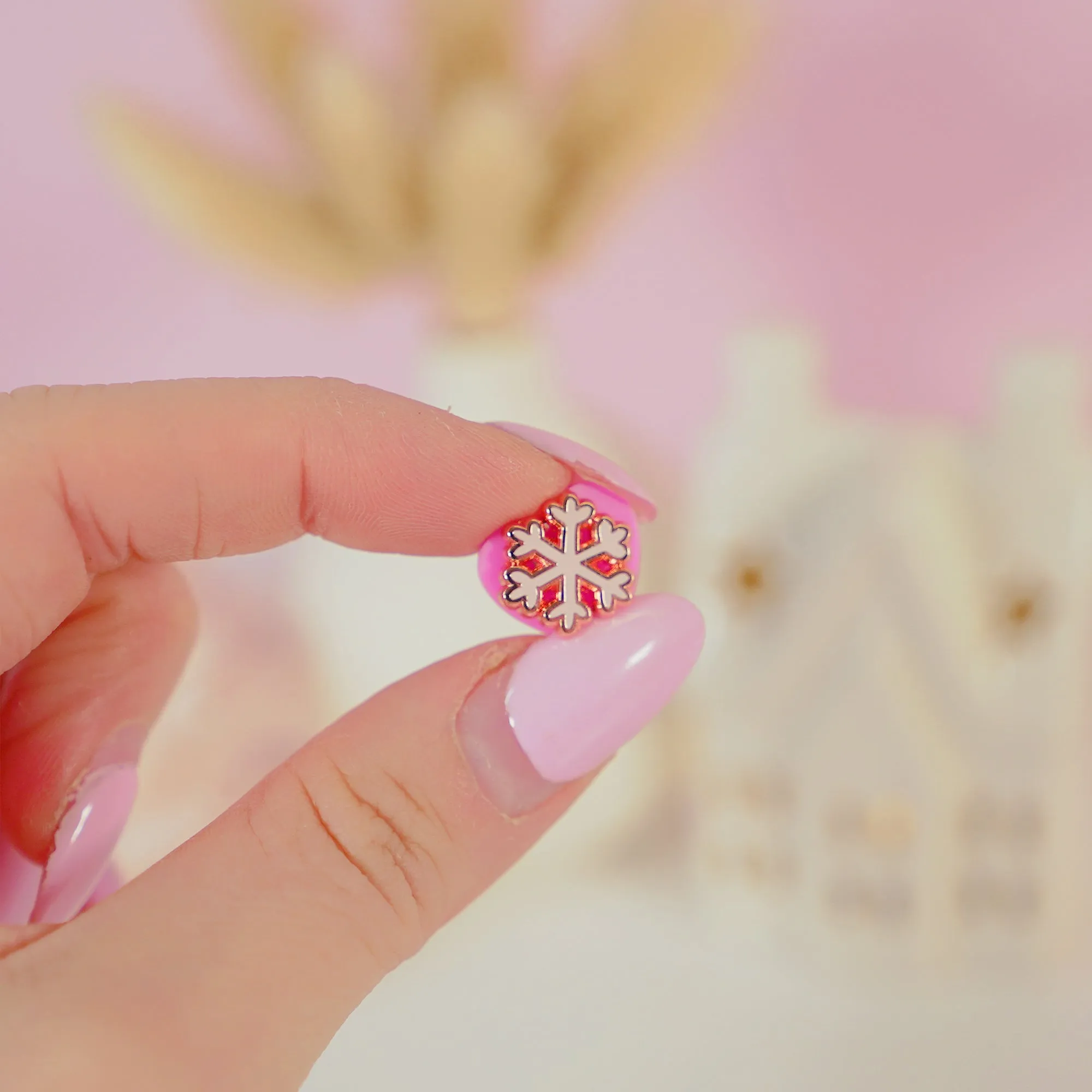 Mini Christmas Snowflake Enamel Pin | Pink Coquette Bow Holiday Collection | Rose Gold-Plated Winter Accessory