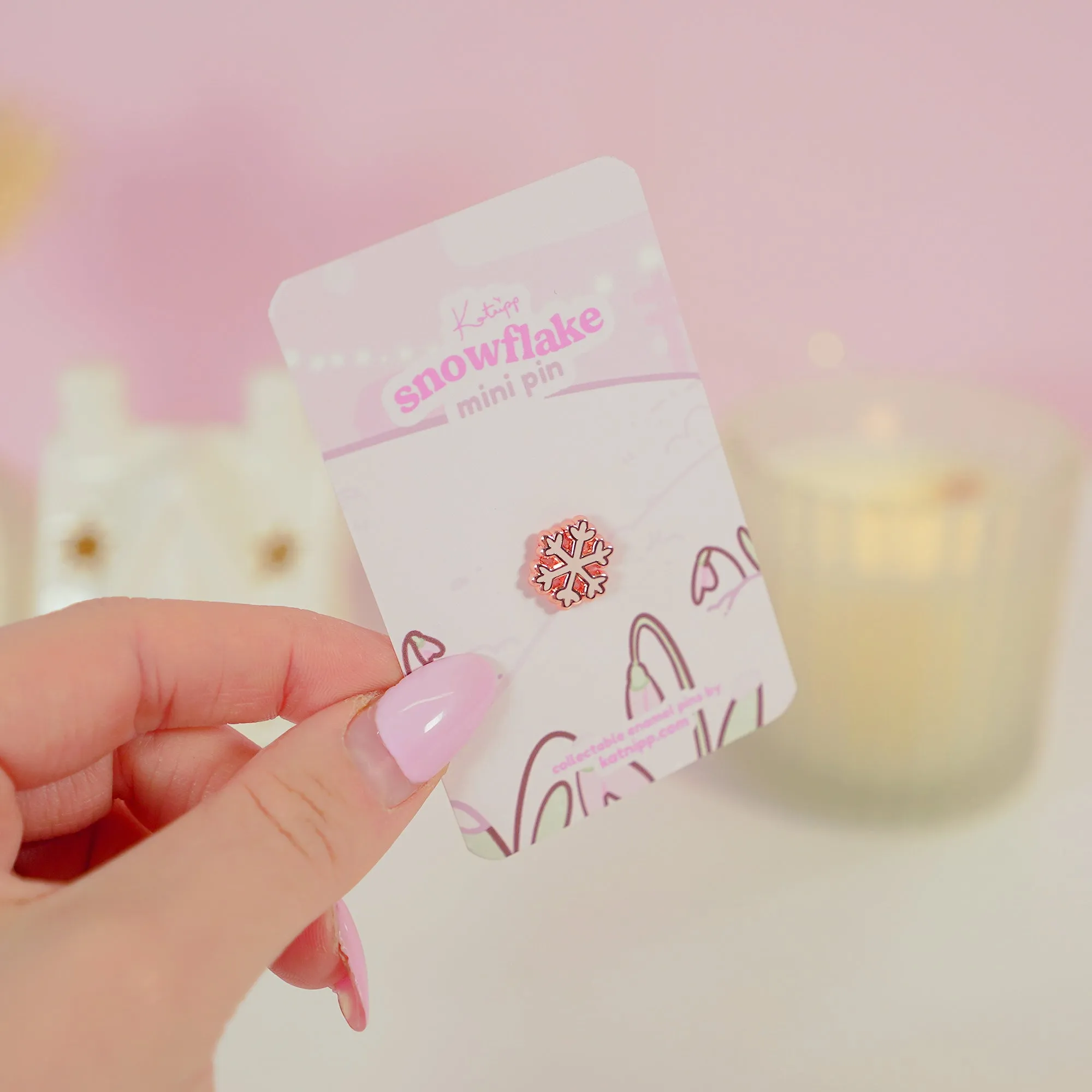 Mini Christmas Snowflake Enamel Pin | Pink Coquette Bow Holiday Collection | Rose Gold-Plated Winter Accessory