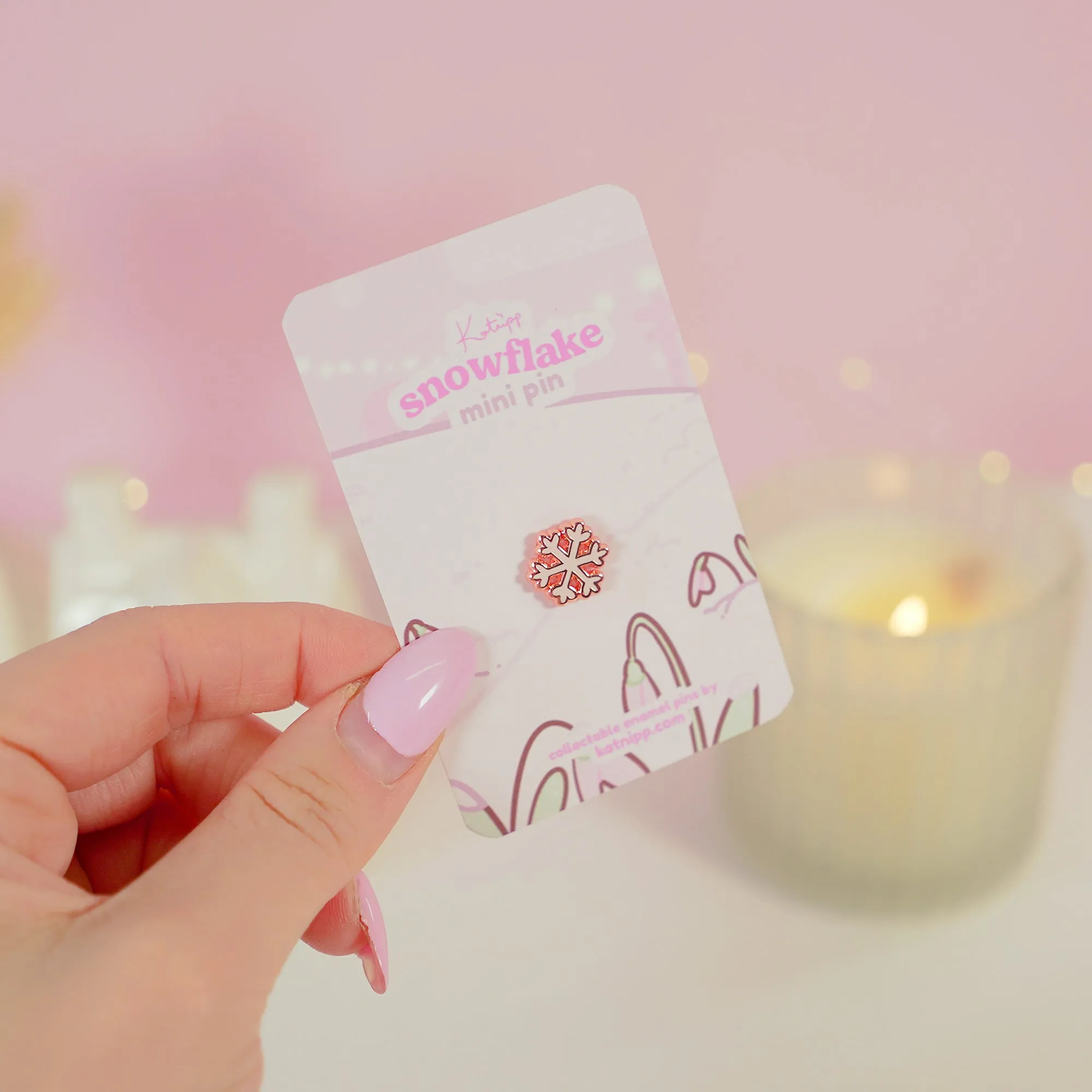 Mini Christmas Snowflake Enamel Pin | Pink Coquette Bow Holiday Collection | Rose Gold-Plated Winter Accessory