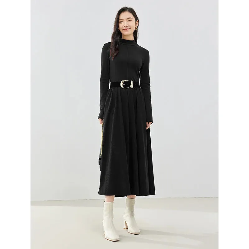 Women's Winter Long Sleeve Half High Collar Black Corduroy Dress